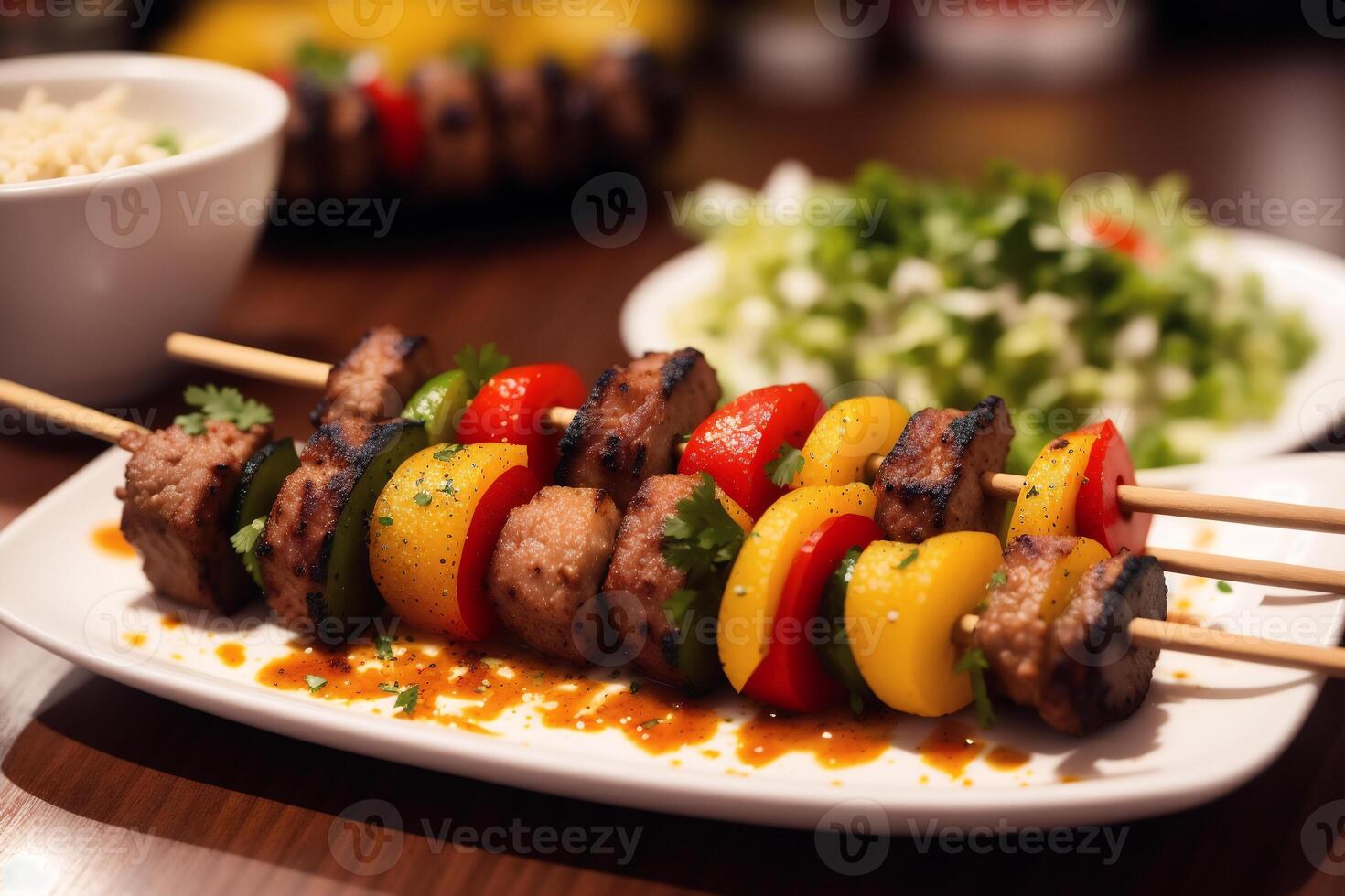 un' piatto con shish kebab su un' di legno tavolo. carne bastoni. generativo ai foto