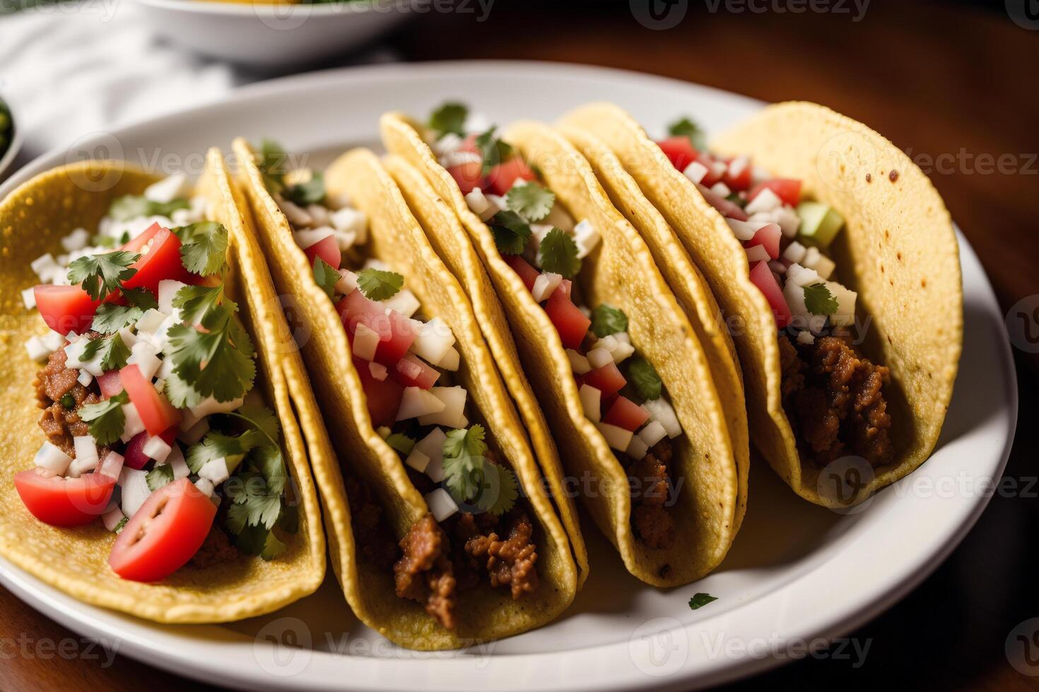 tradizionale messicano tacos con manzo, pomodoro, cipolla e salsa. messicano nachos generativo ai foto