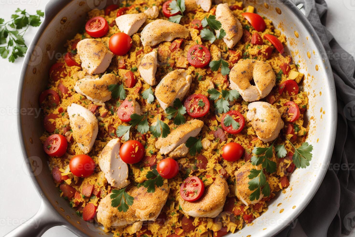 paella, tradizionale spagnolo piatto fatto con Riso, pollo e la verdura, servito nel un' padella. paella con frutti di mare. spagnolo cucina. generativo ai foto