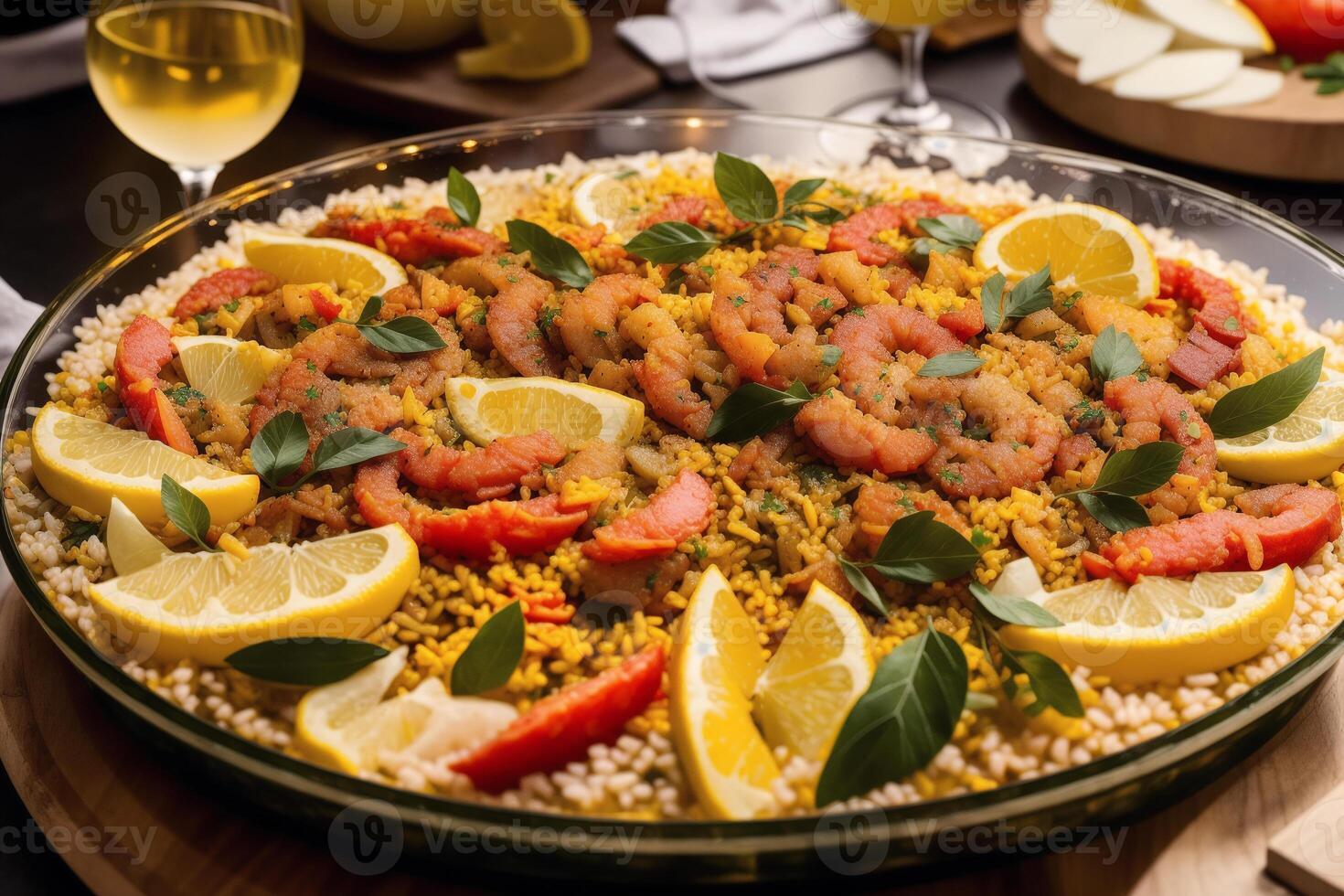 paella, tradizionale spagnolo piatto fatto con Riso, pollo e la verdura, servito nel un' padella. paella con frutti di mare. spagnolo cucina. generativo ai foto