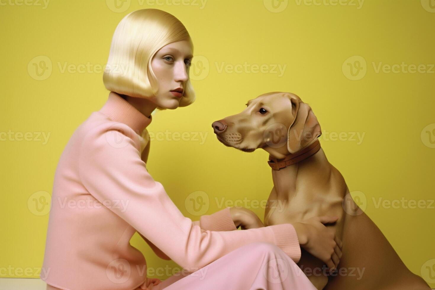 ai generato donna e Weimaraner cane nel futuristico stile foto