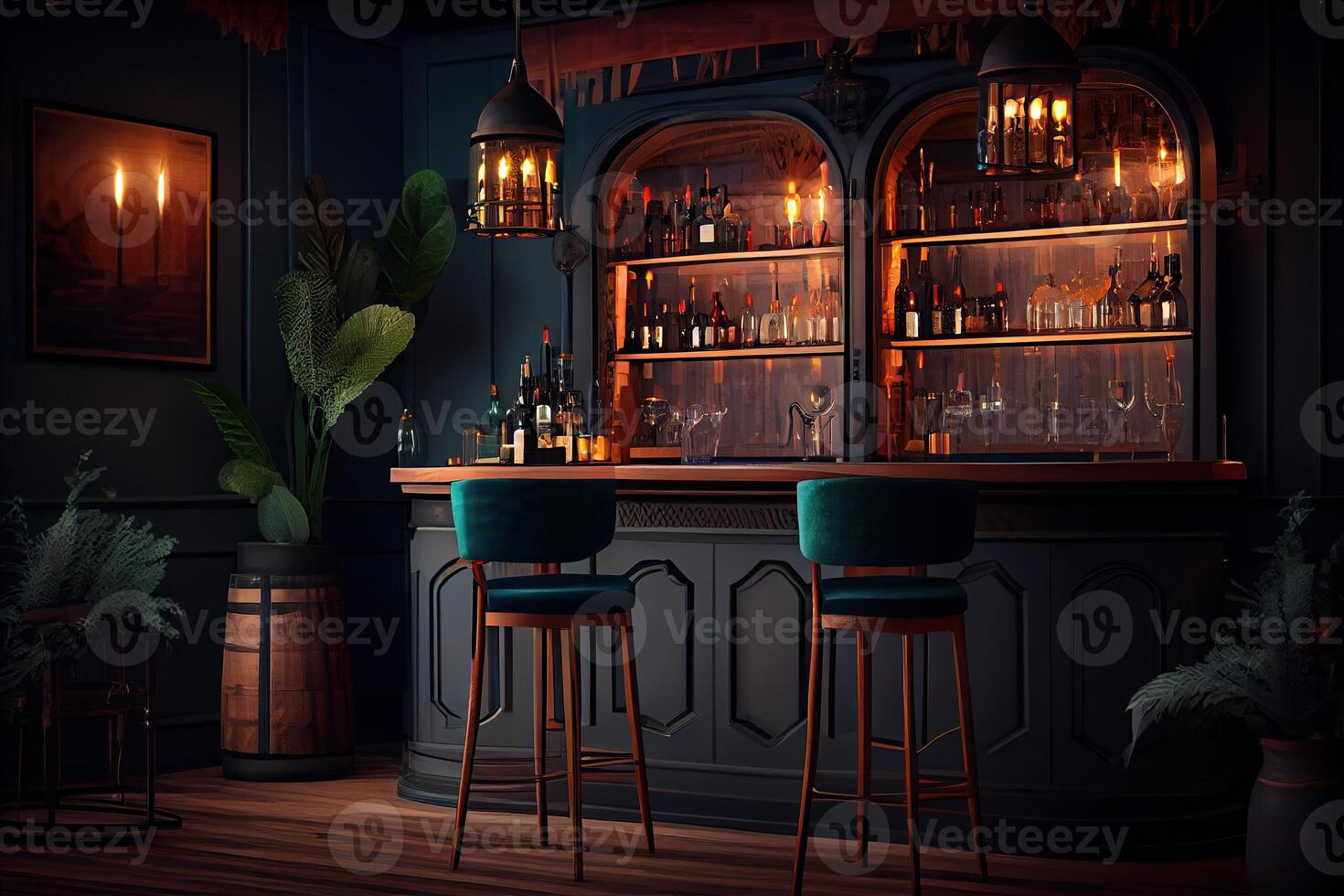 generativo ai illustrazione di un' sala sbarra, quello include elementi come come un' ben illuminato bar contatore, vino occhiali, illuminato candele e un' rilassato e accogliente atmosfera foto