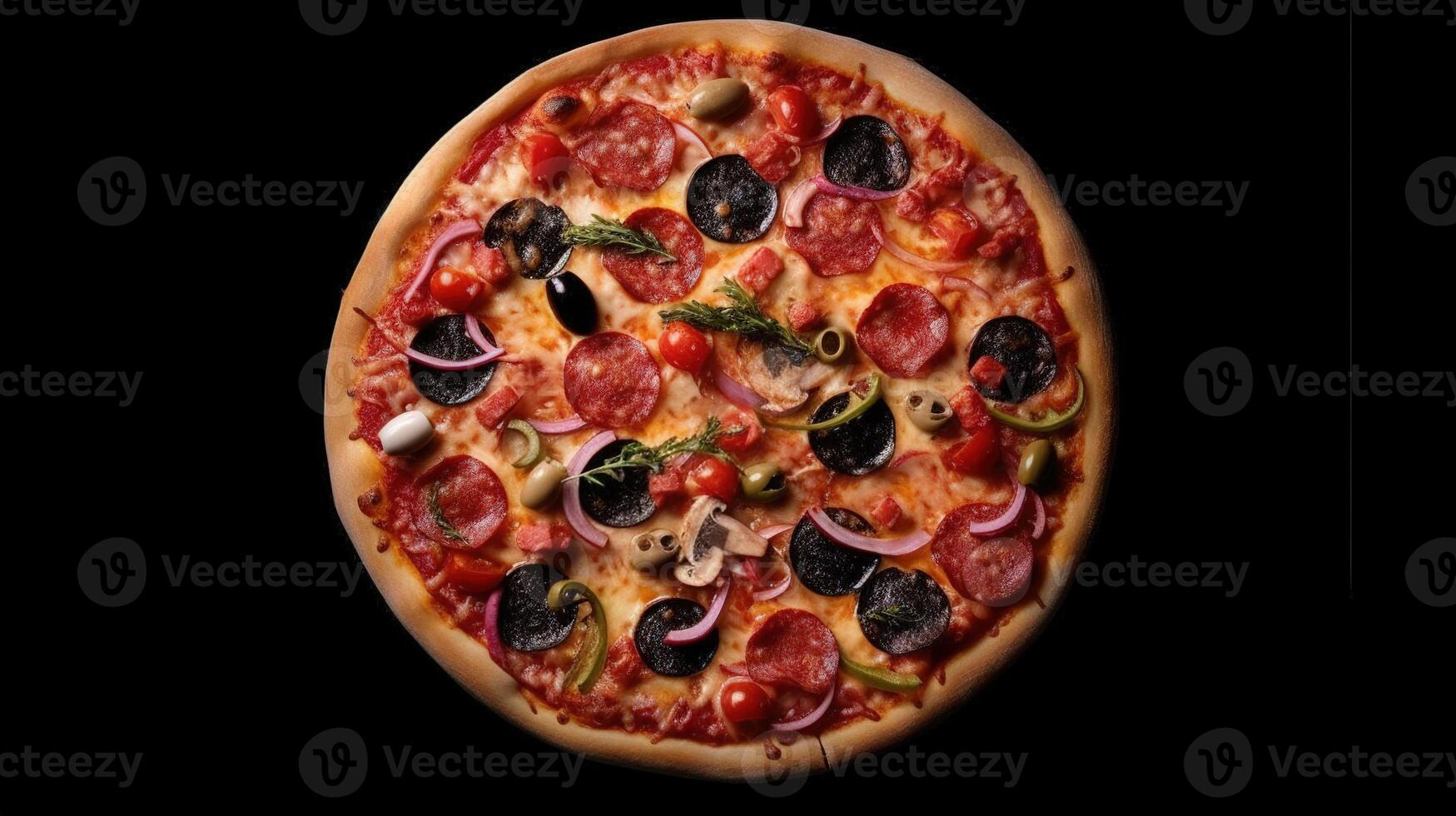 superiore Visualizza delizioso Pizza con testo spazio modello sfondo con generativo ai foto