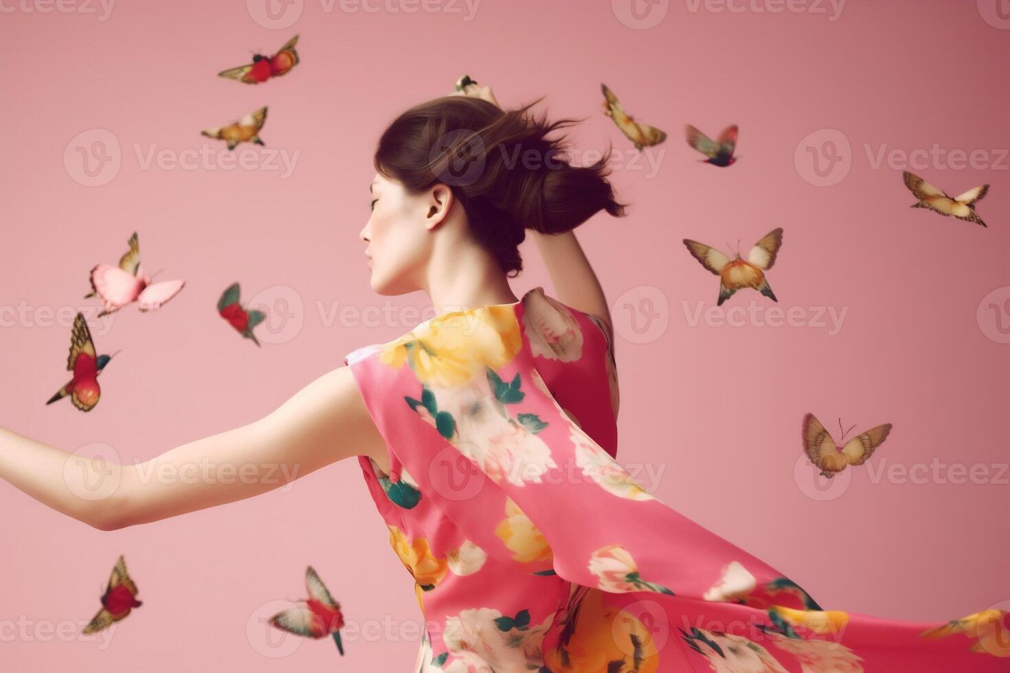 ai generato donna con farfalle, primavera concetto foto