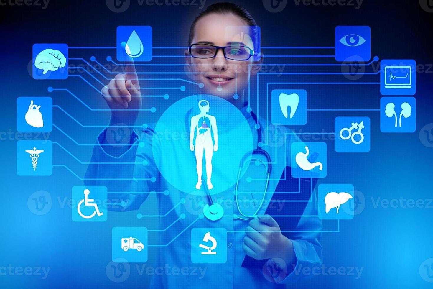 medicina medico e stetoscopio nel mano toccante icona medico Rete connessione con moderno virtuale schermo interfaccia, medico tecnologia Rete concetto e Due medico foto