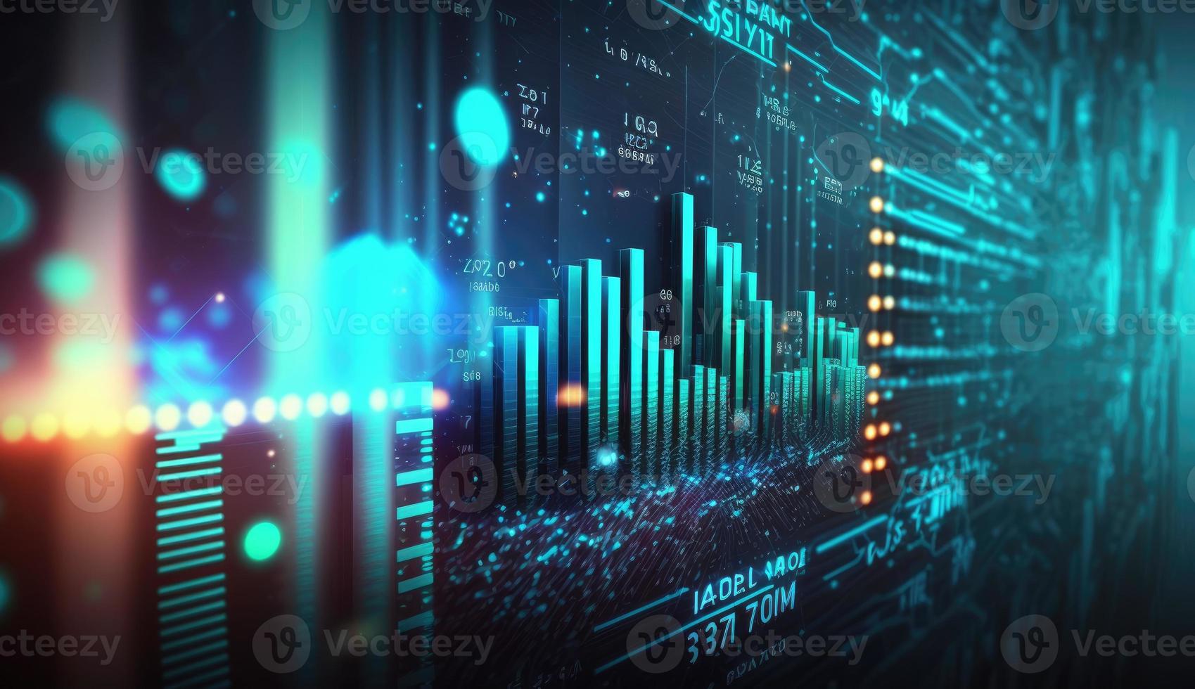 finanziario scambio sfondo, digitale futuristico stile, lampeggiante colorato luci, astratto grafici e numeri, ai generazione foto