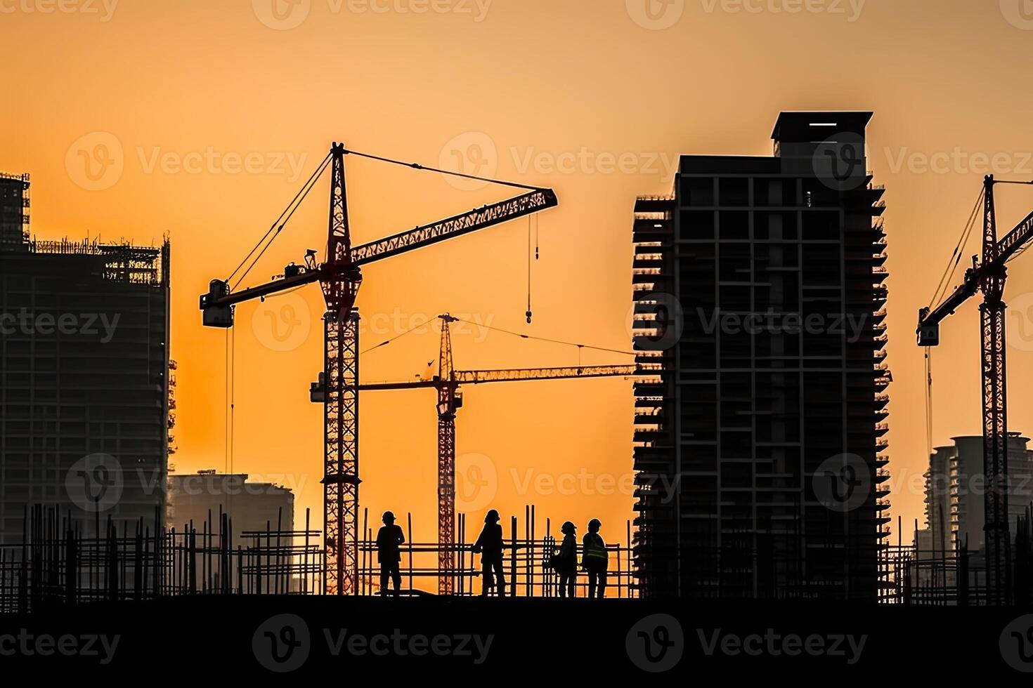 sagome di ingegneri a costruzione luogo a tramonto. generativo ai foto