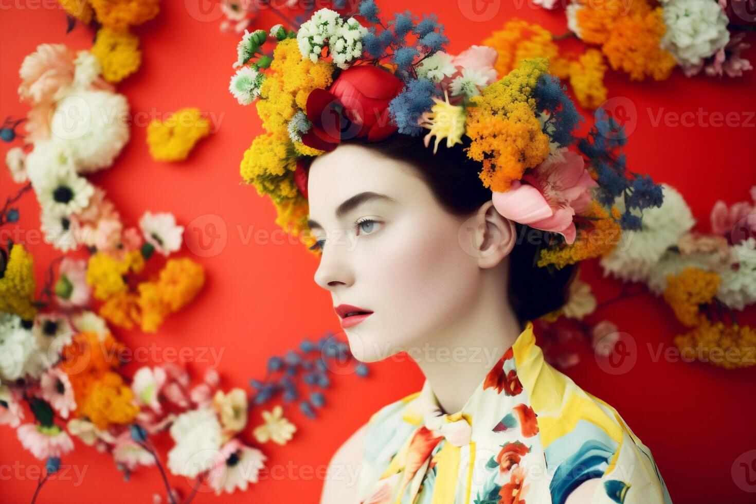 ai generato donna con colorato fiori, primavera concetto foto