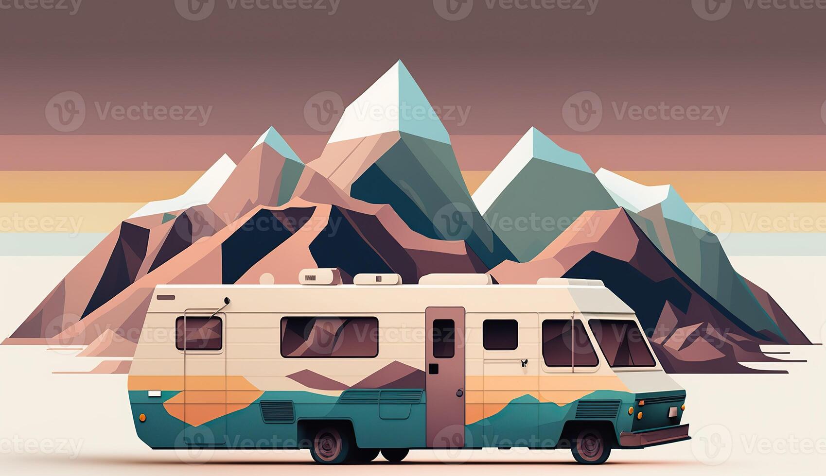 ai generato. ai generativo. Basso poli cartone animato ragazzo stile camper rv furgone con montagne. può essere Usato per avventura ispirazione o decorazione. grafico arte foto