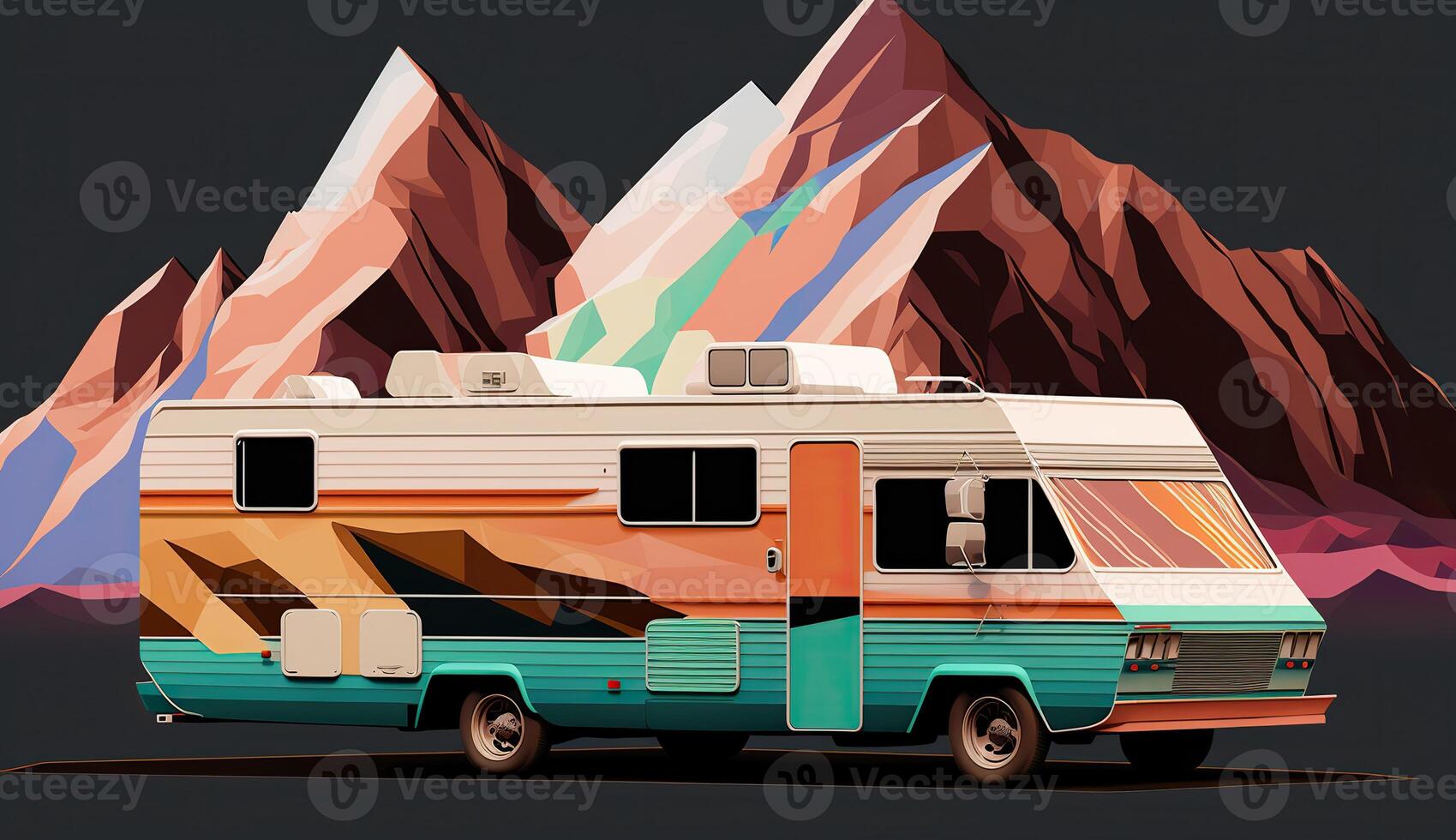 ai generato. ai generativo. Basso poli cartone animato ragazzo stile camper rv furgone con montagne. può essere Usato per avventura ispirazione o decorazione. grafico arte foto