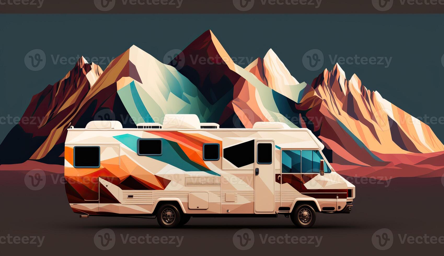 ai generato. ai generativo. Basso poli cartone animato ragazzo stile camper rv furgone con montagne. può essere Usato per avventura ispirazione o decorazione. grafico arte foto