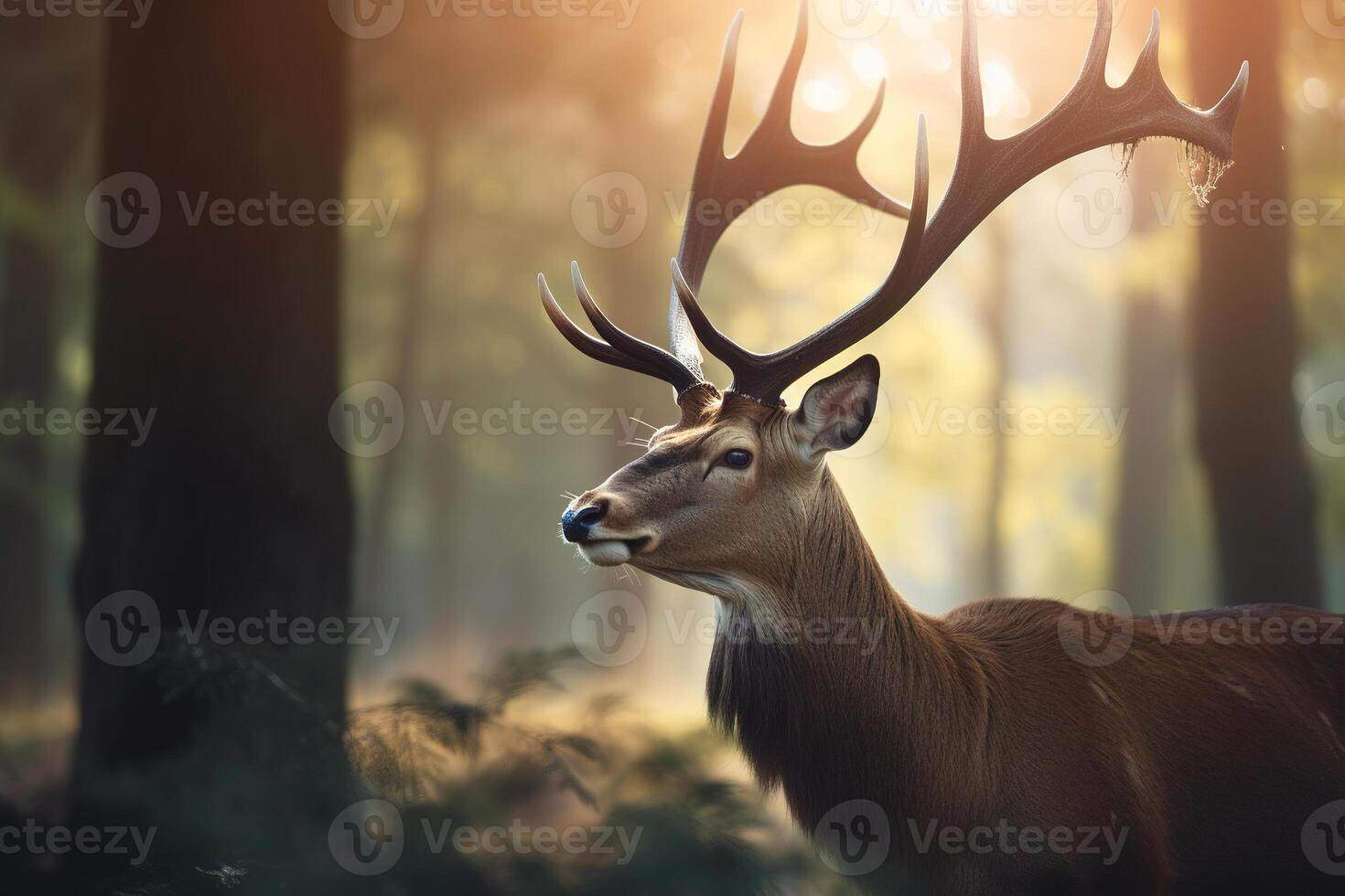 un' maestoso cervo con corna in piedi con orgoglio nel il foresta a alba. ai generato foto