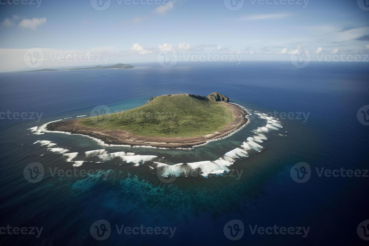 aereo Visualizza di un' piccolo isola nel il mezzo di il oceano. ai generato foto