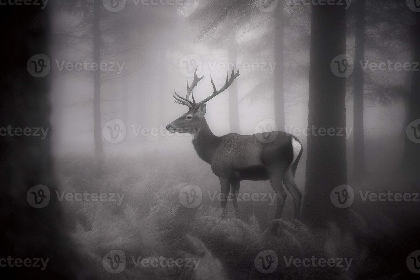 un' cervo nel un' nebbioso foresta. ai generato foto