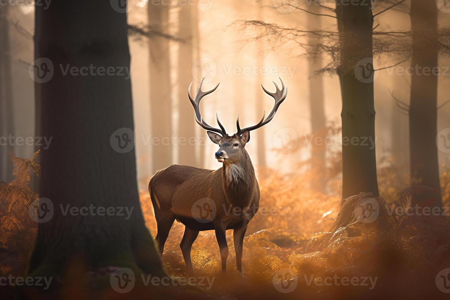 un' maestoso cervo con corna in piedi con orgoglio nel il foresta a alba. ai generato foto