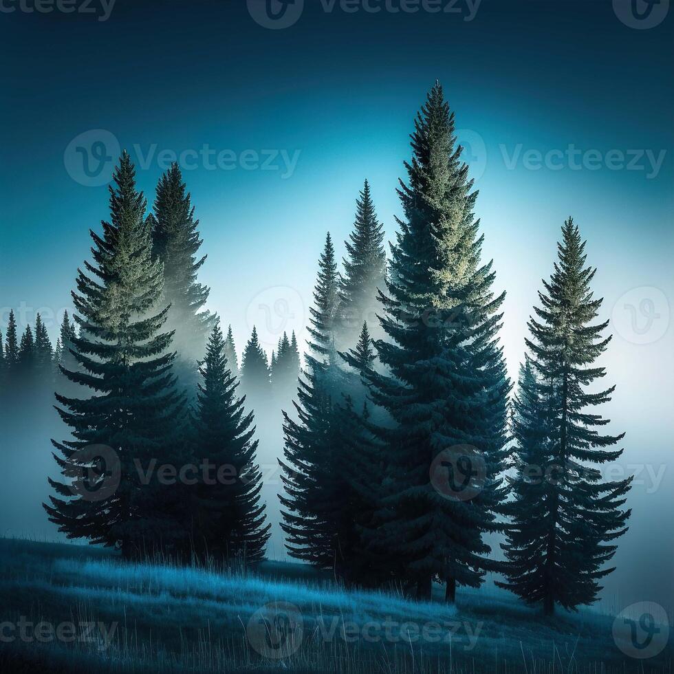 pino alberi nel un' inverno mattina. brina e un' poco nebbia. generativo ai. foto