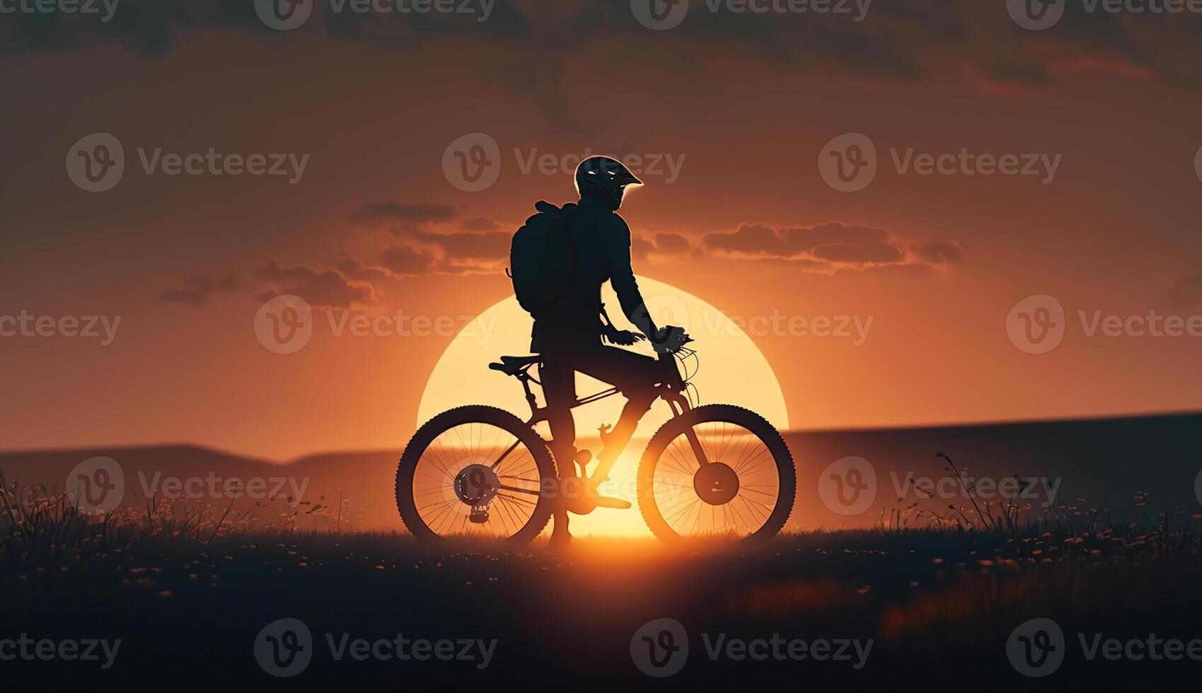 silhouette uomini cavalcata bicicletta a tramonto, generativo ai foto