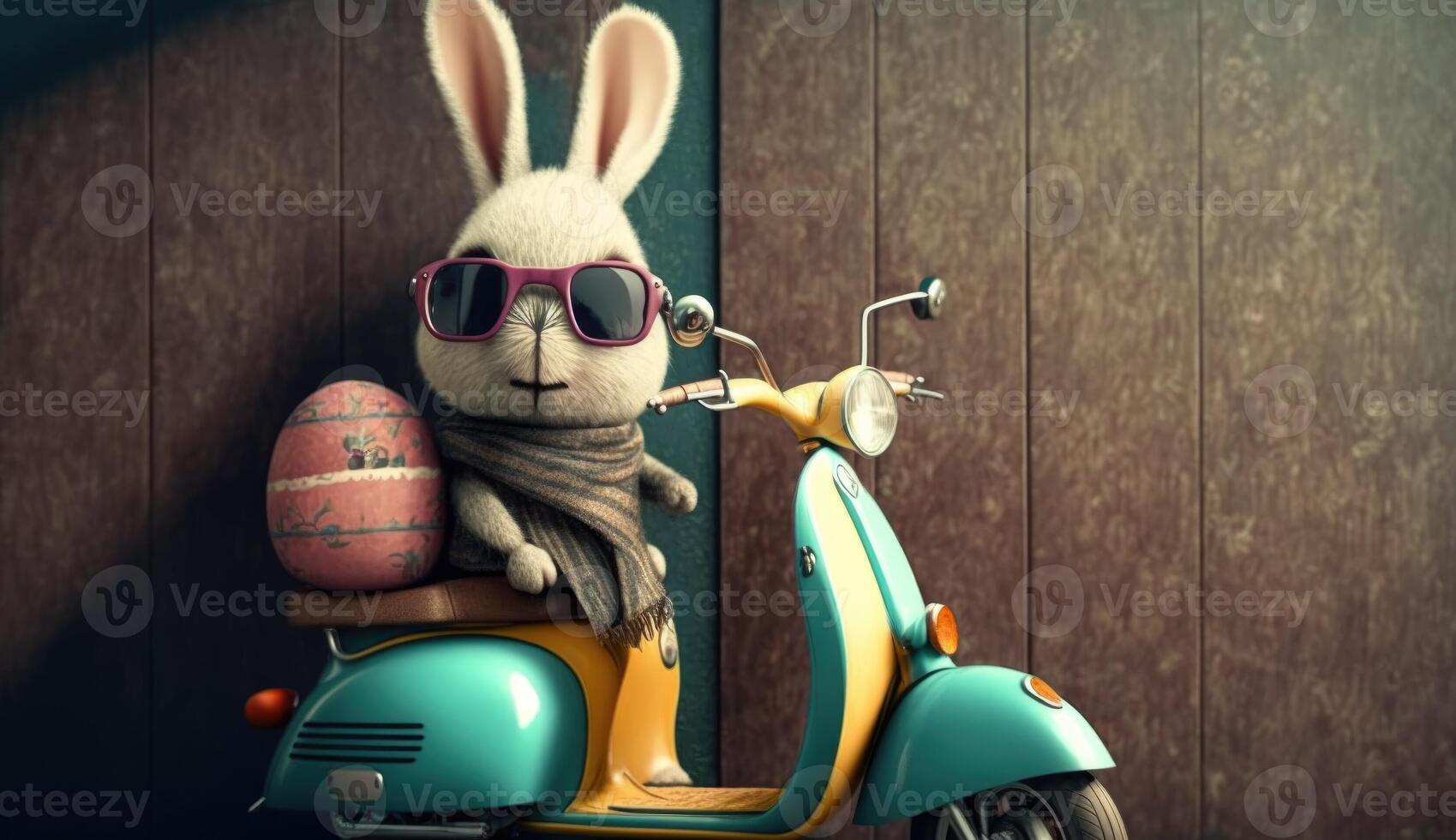 Pasqua coniglietto con uovo su scooter. Pasqua vacanza concetto. ai generato foto