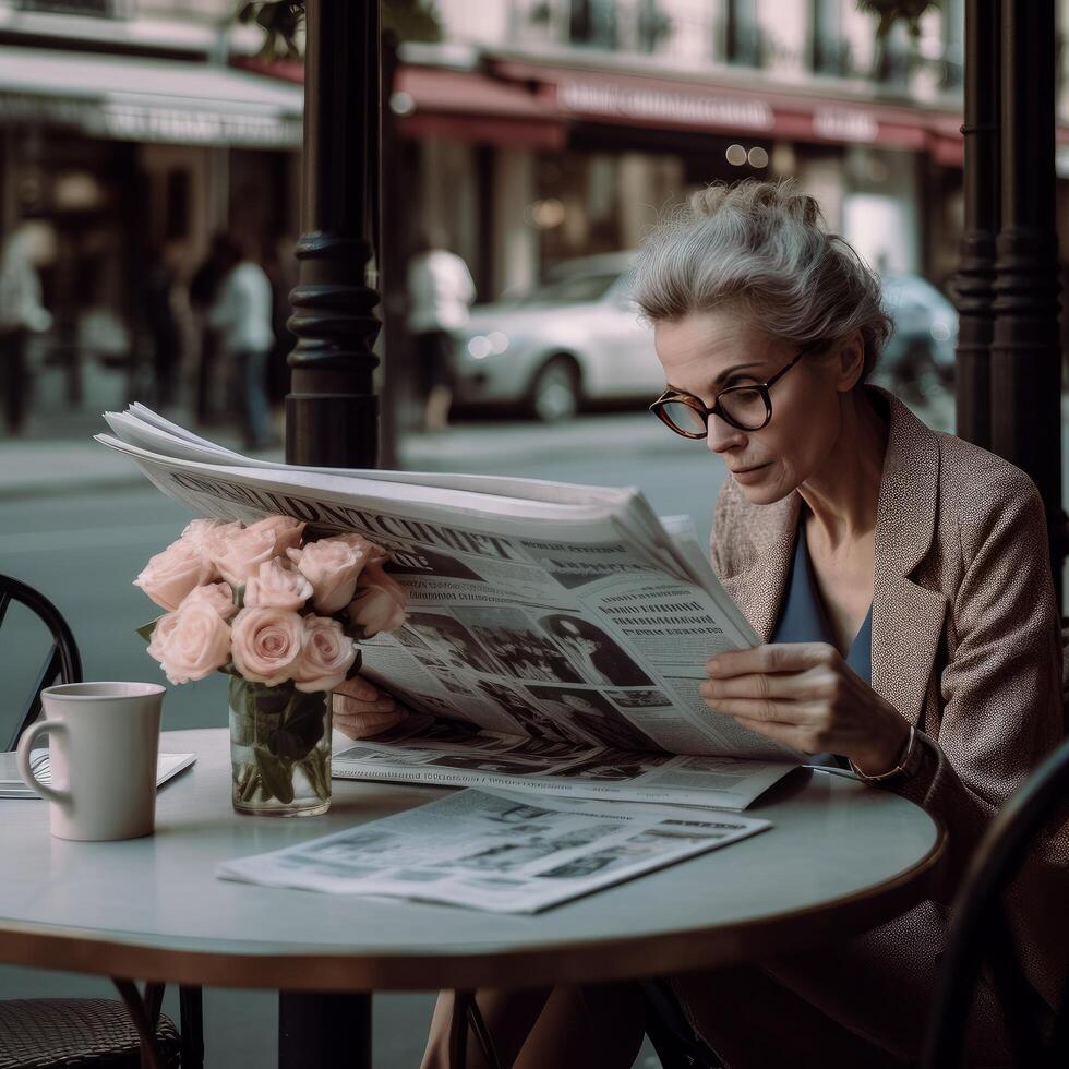 elegante vecchio signora con fiori su caffè tavolo nel Parigi generativo ai foto