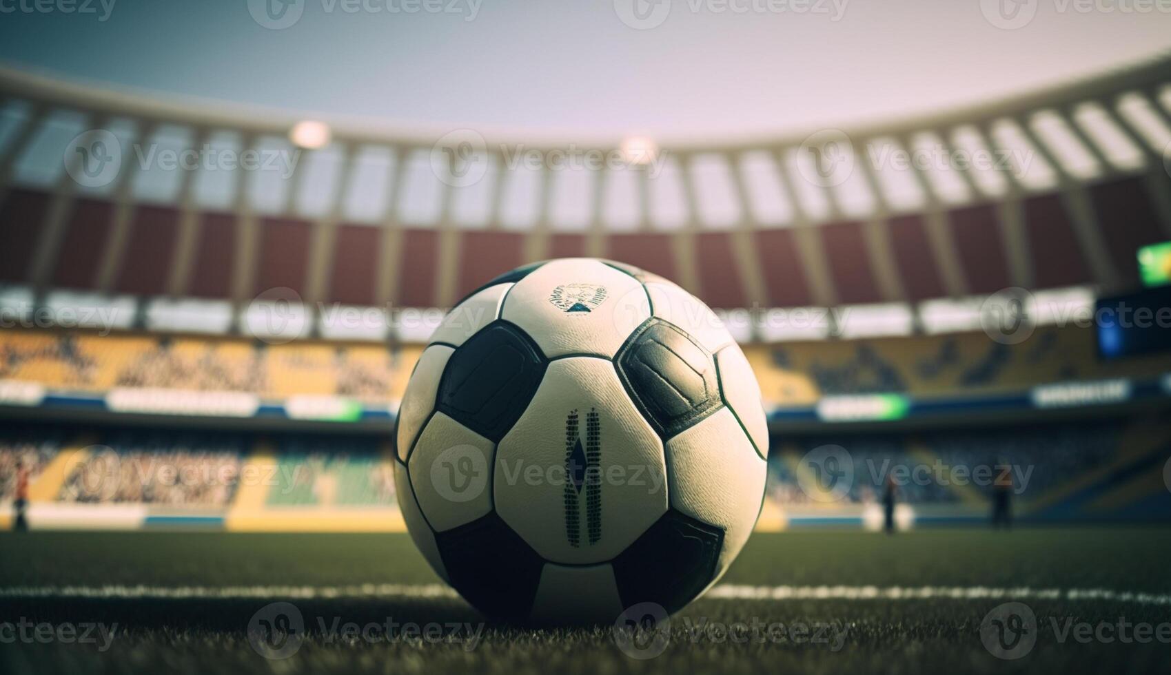 realistico illustrazione di un' calcio palla con un' grande calcio stadio nel il sfondo, generativo ai foto