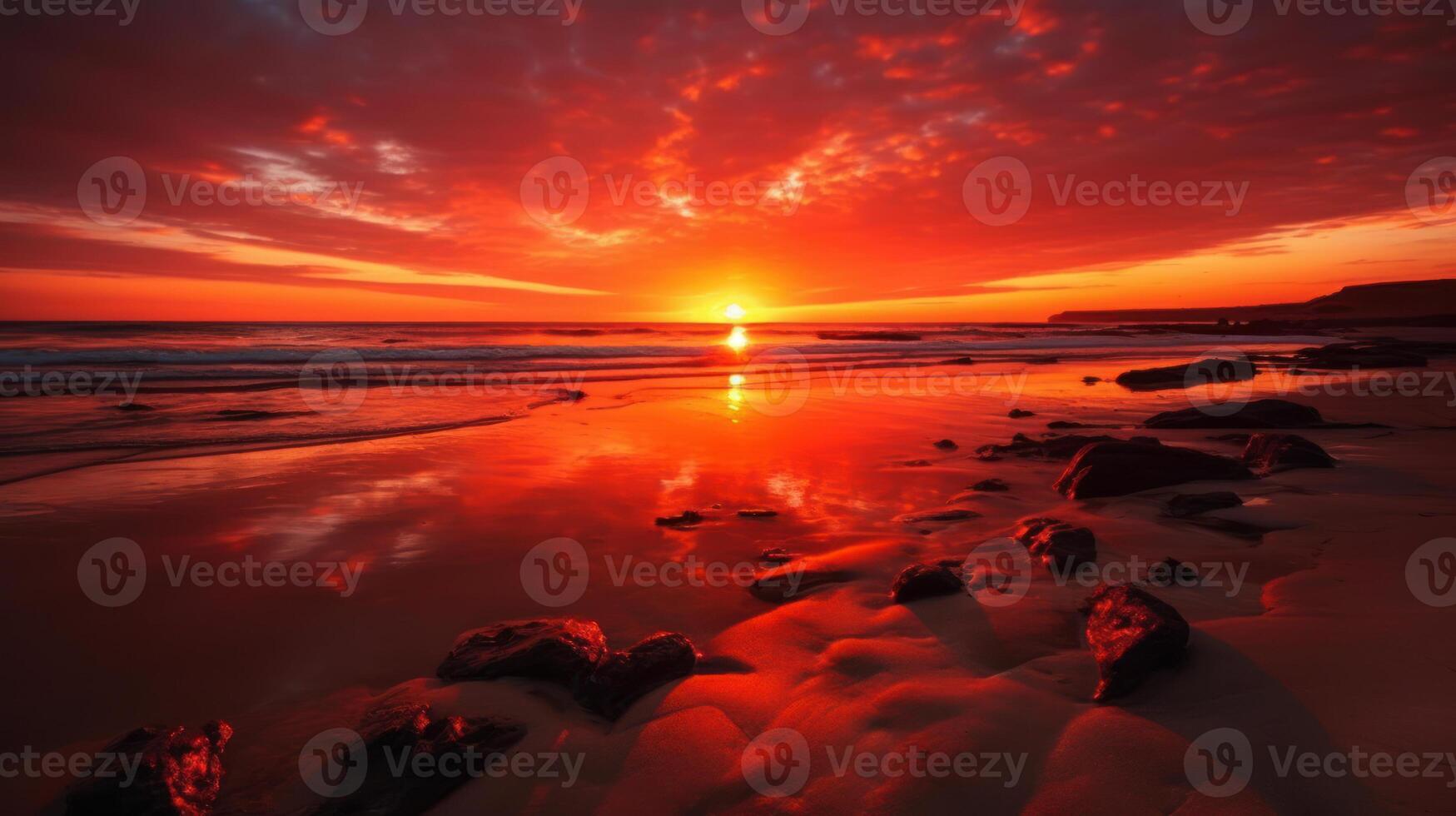 paesaggio arancia sera tramonto cielo al di sopra di il calma specchio superficie di il mare generativo ai foto