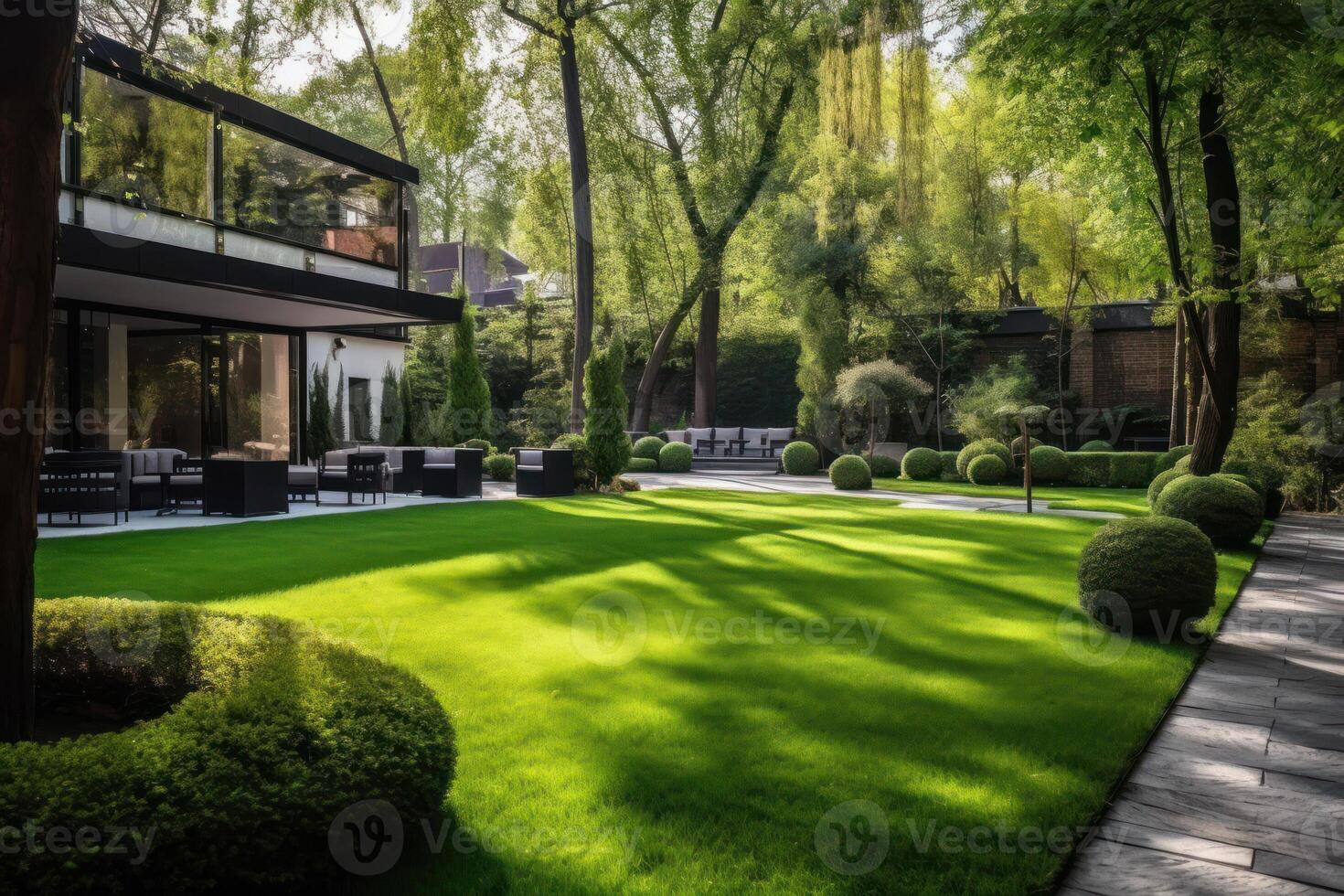 paesaggio nel il cortile verde alberi e prato generativo ai foto