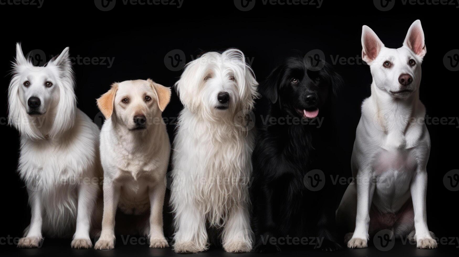 seduta allenato cani di diverso razze su un' nero sfondo generativo ai foto