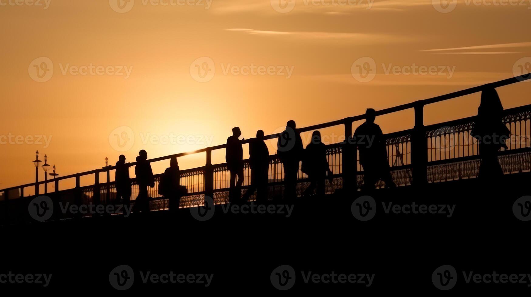 sagome persone a piedi su il ponte su tramonto sfondo generativo ai foto