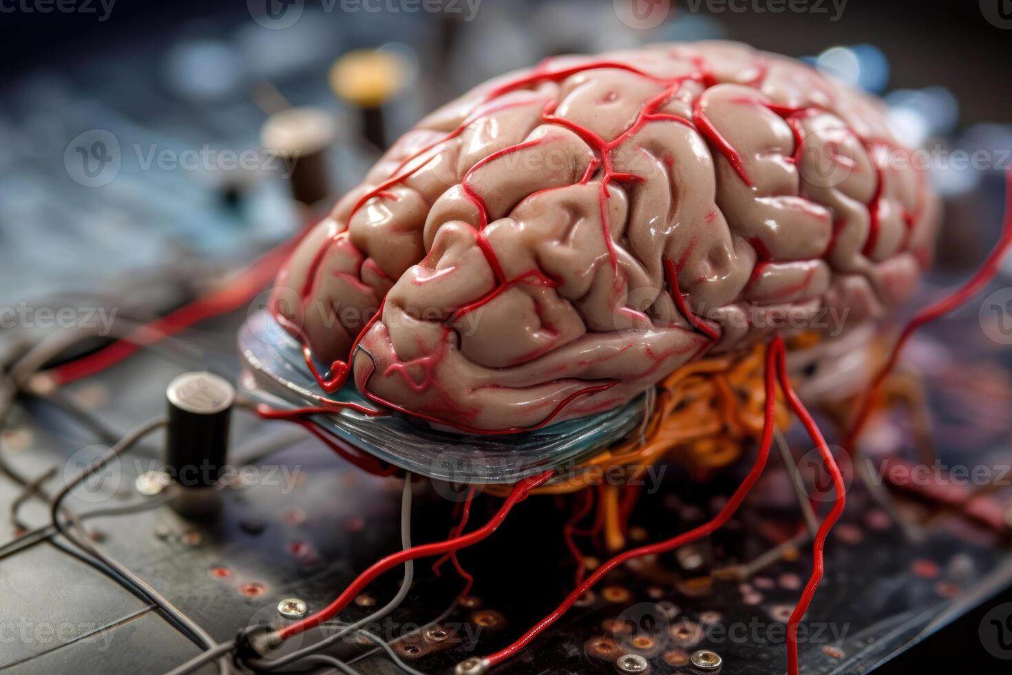 umano cervello collegato per computer generativo ai foto