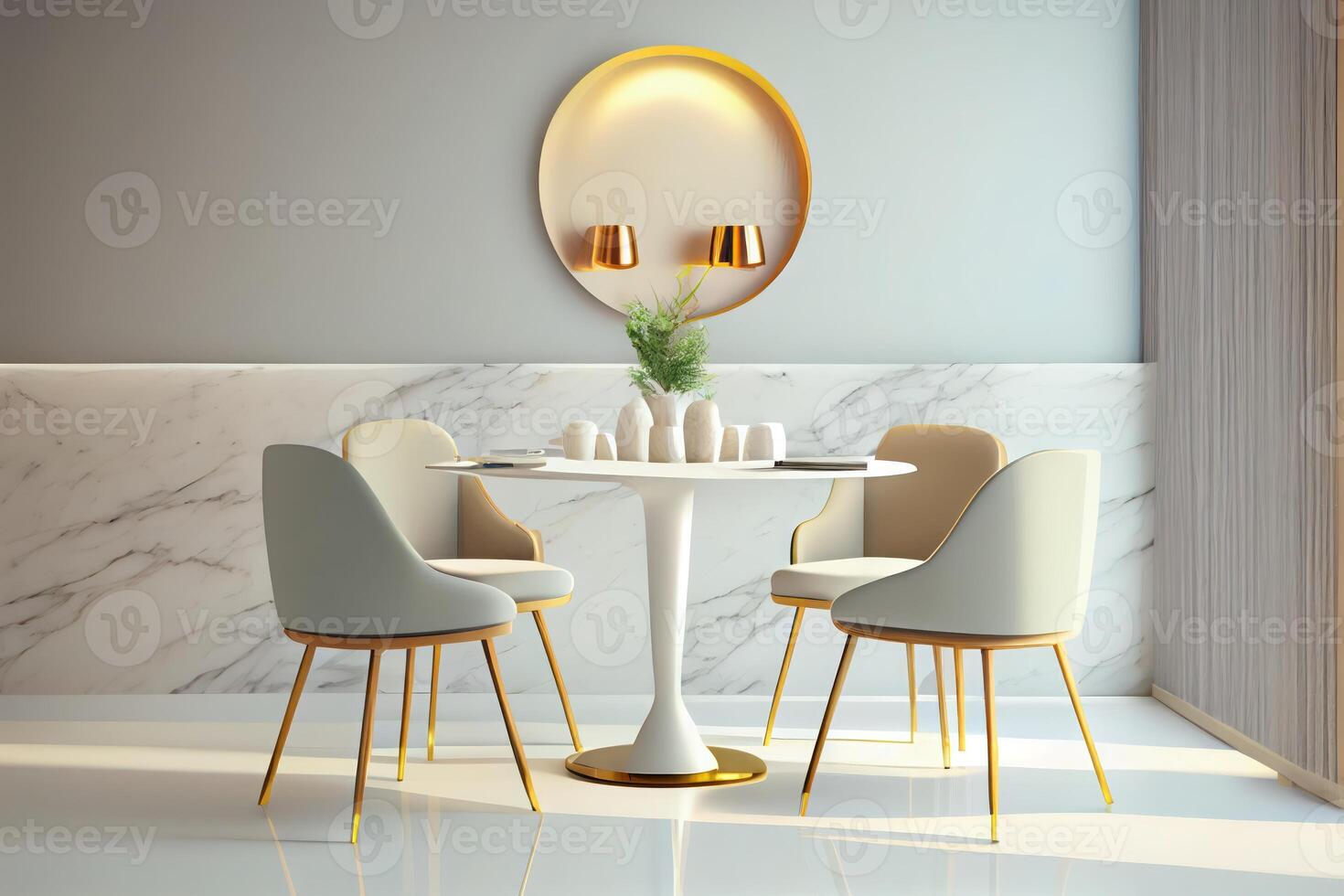 interno design con marmo il giro tavolo e sedie. moderno cenare camera con beige parete. bar, bar o ristorante interno design. casa interno . ai generato foto
