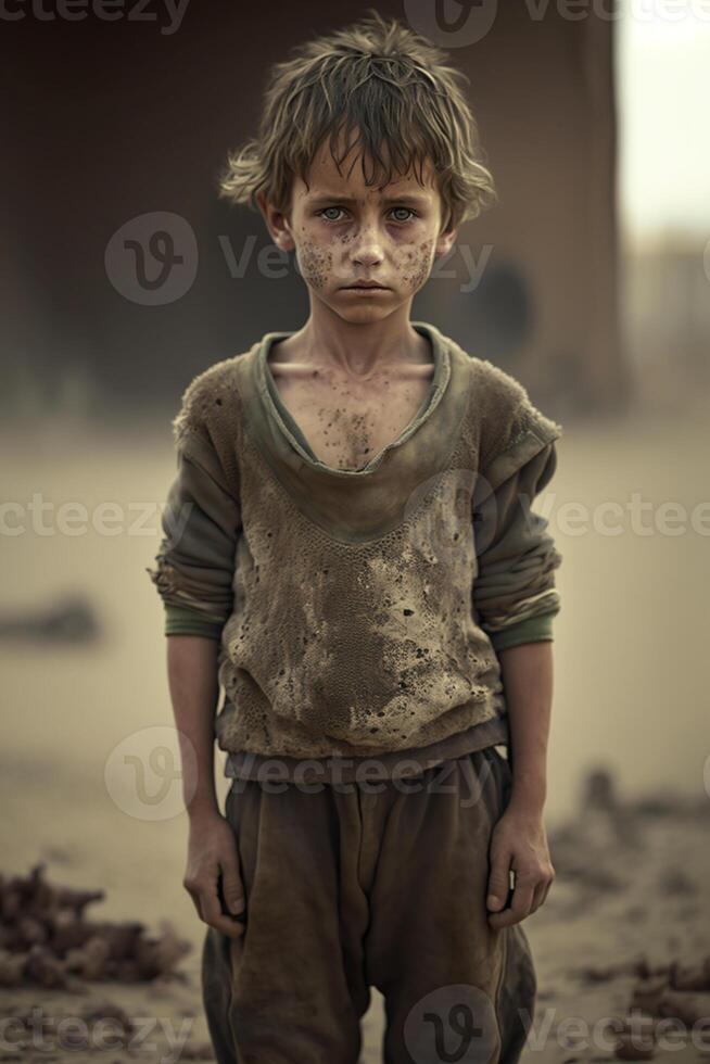 senza casa bambini di guerra vittime, piccolo bambini con triste espressioni, generativo ai foto