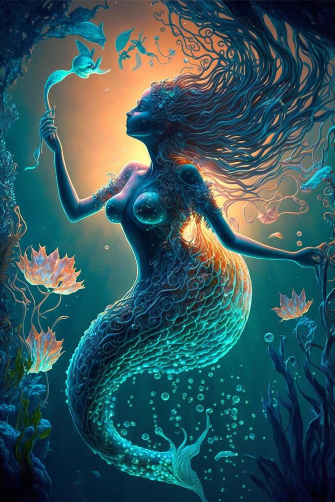 pittura di un' sirena Tenere un' pesce. generativo ai. foto