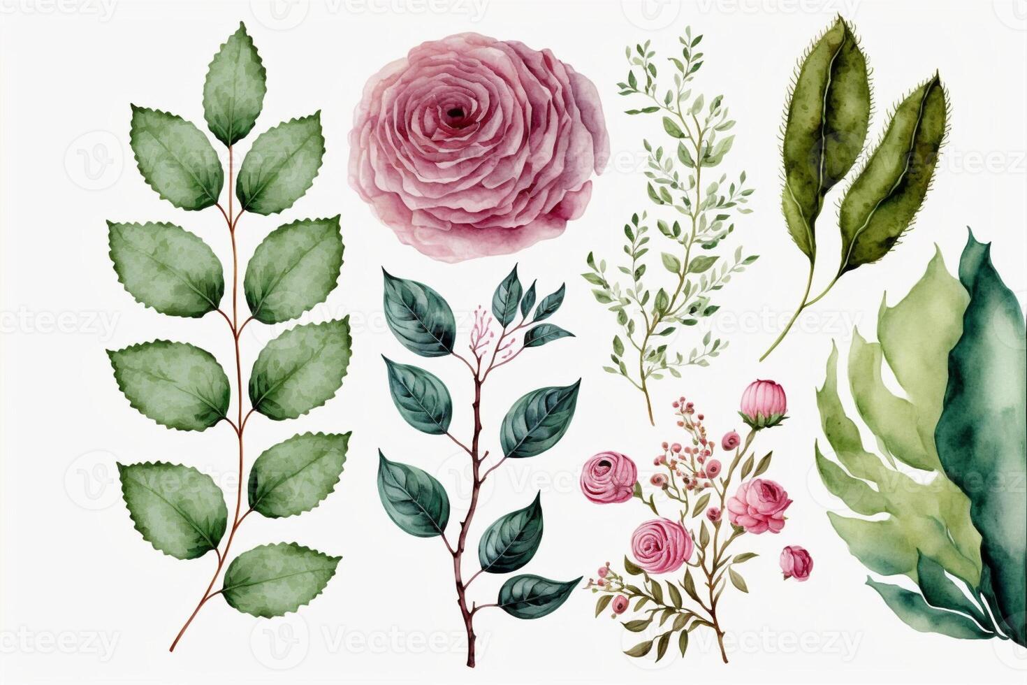 acquerello impostato di floreale ramo. fiore rosa rosa verde. generativo ai foto