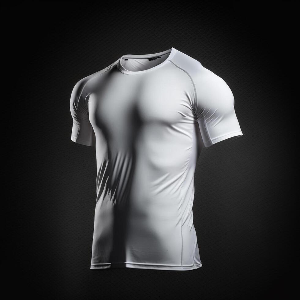 vuoto bianca maglietta mockup, vicino su bianca sport maglietta su buio sfondo ,generativo ai foto
