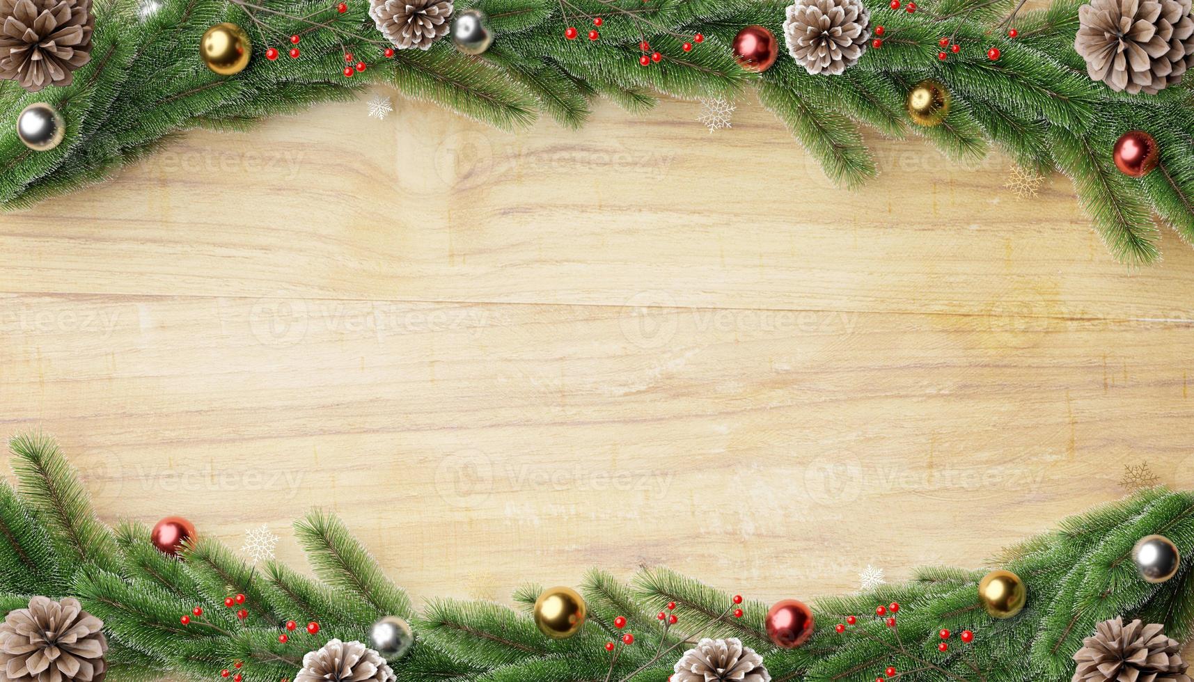 Natale o contento nuovo anno. legna o di legno sfondo 3d fronzolo palle, luccichio oro. Natale manifesto, saluto carte. piatto posizione, superiore Visualizza. Natale 3d rendere illustrazione foto