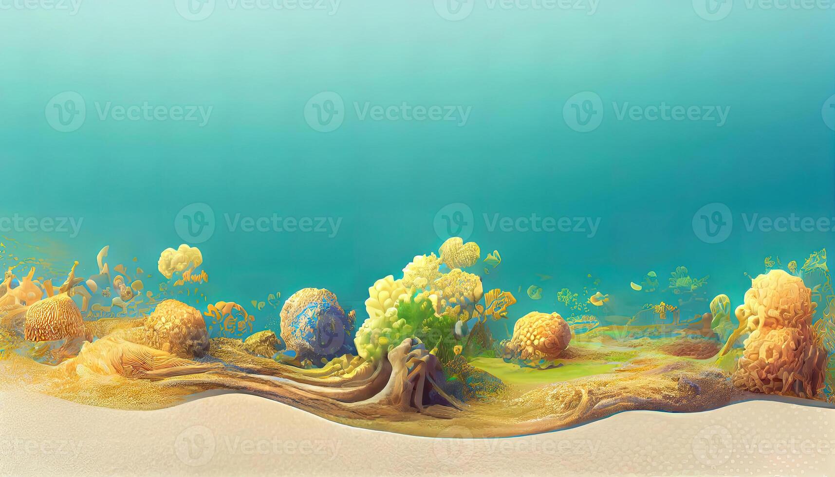 tropicale isola con blu oceano e sabbia, pesce, palma albero, onde. 3d illustrazione viaggio e vacanze. generativo ai foto