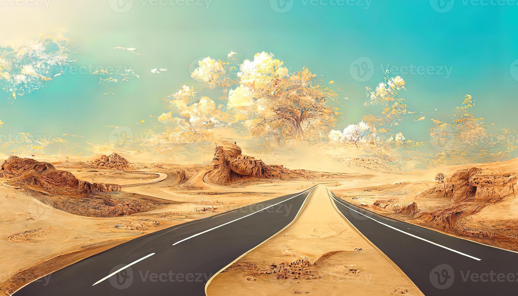 sorprendente viaggio e vacanza sfondo, 3d illustrazione con tagliare di il terra e il deserto strada. generativo ai foto
