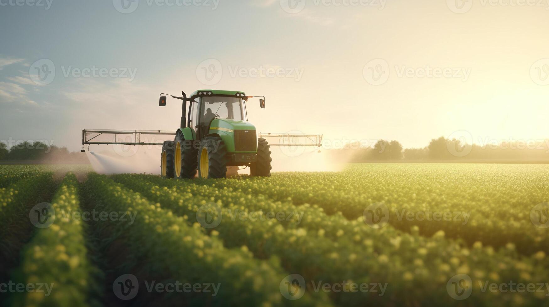 generativo ai, trattore spruzzatura un' campo, azienda agricola paesaggio, agricolo bellissimo campagna, nazione strada. natura illustrazione, fotorealistico superiore Visualizza orizzontale striscione. foto