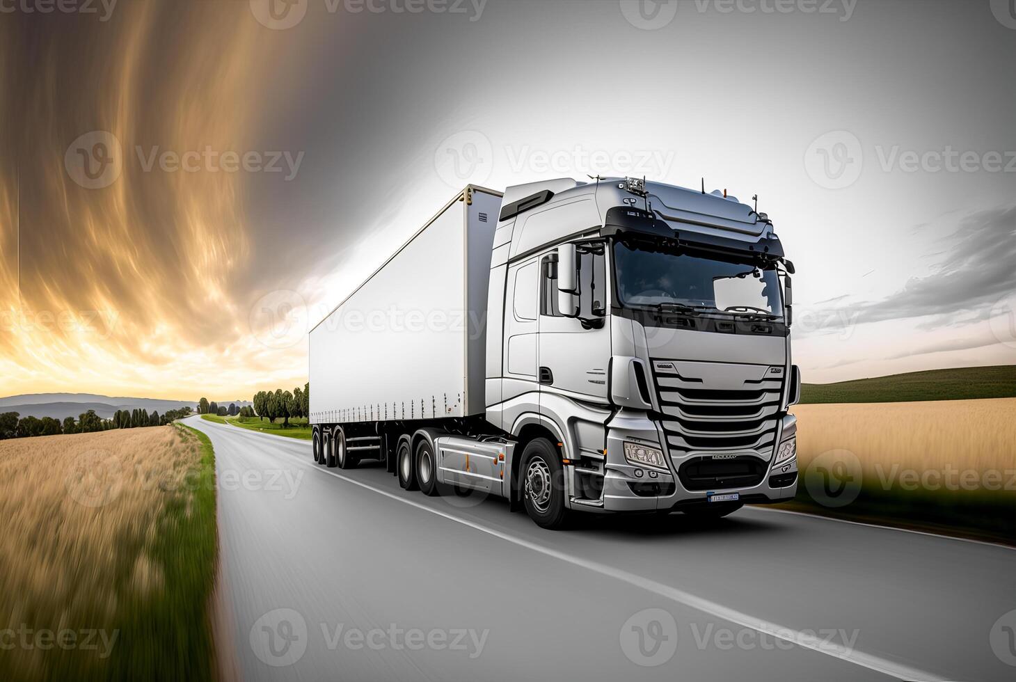 nolo trasporto camion su il strada a tramonto, generativo ai foto