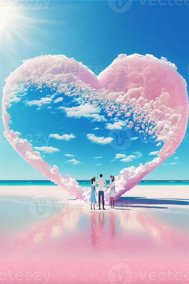 Due persone in piedi nel davanti di un' cuore sagomato nube. generativo ai. foto