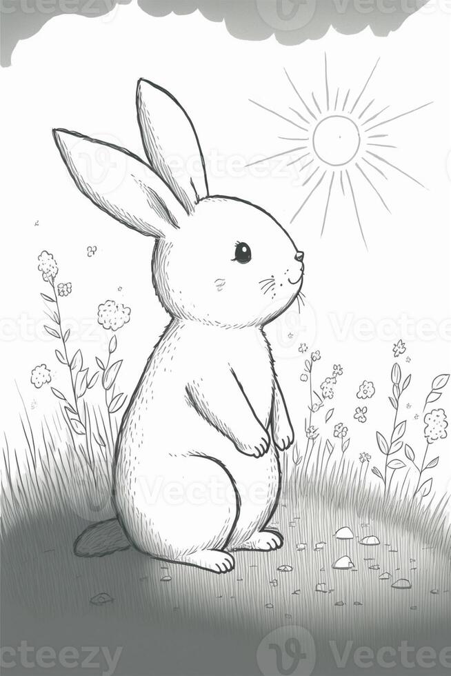 disegno di un' coniglio nel un' campo di fiori. generativo ai. foto
