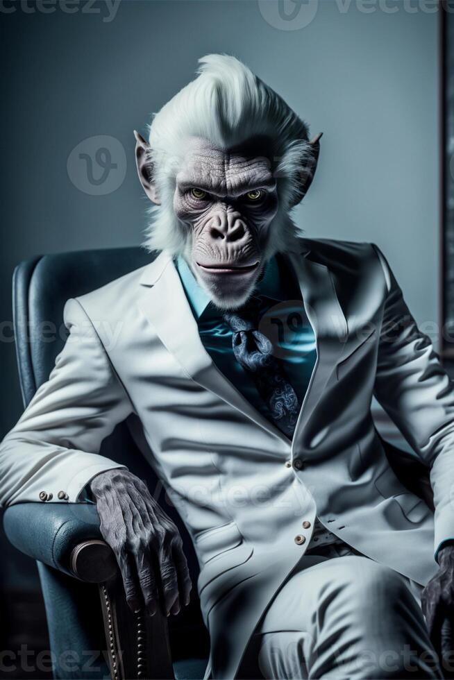 scimmia nel un' completo da uomo seduta nel un' sedia. generativo ai. foto