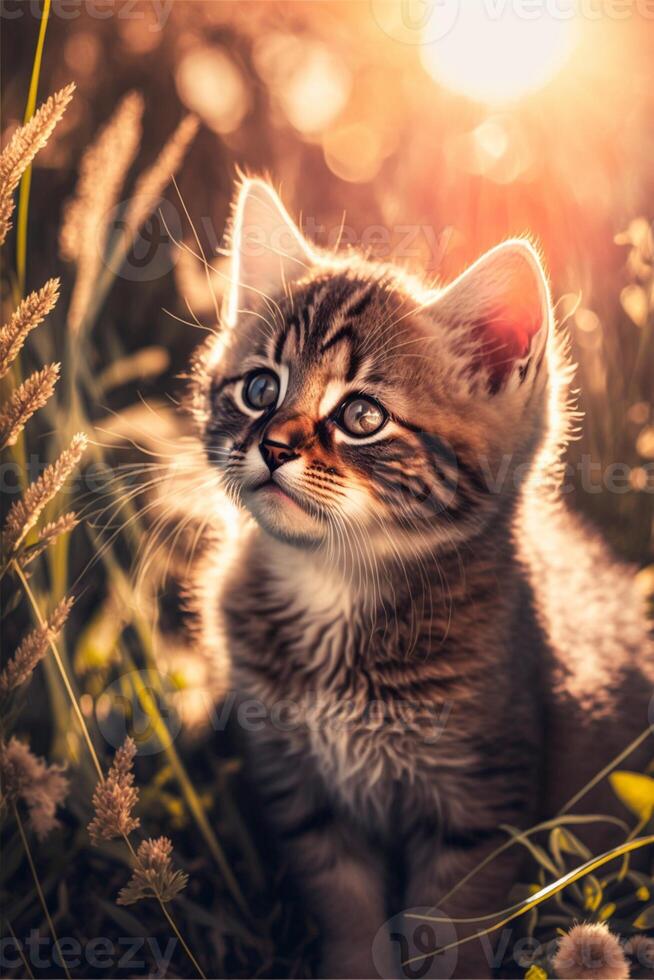 un' carino gattino nel il erba nel un' stordimento nel il sole. generativo ai. foto