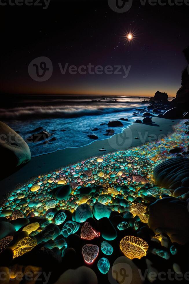 notte mare lato Noce di cocco albero verde prato stella galassia. generativo ai foto