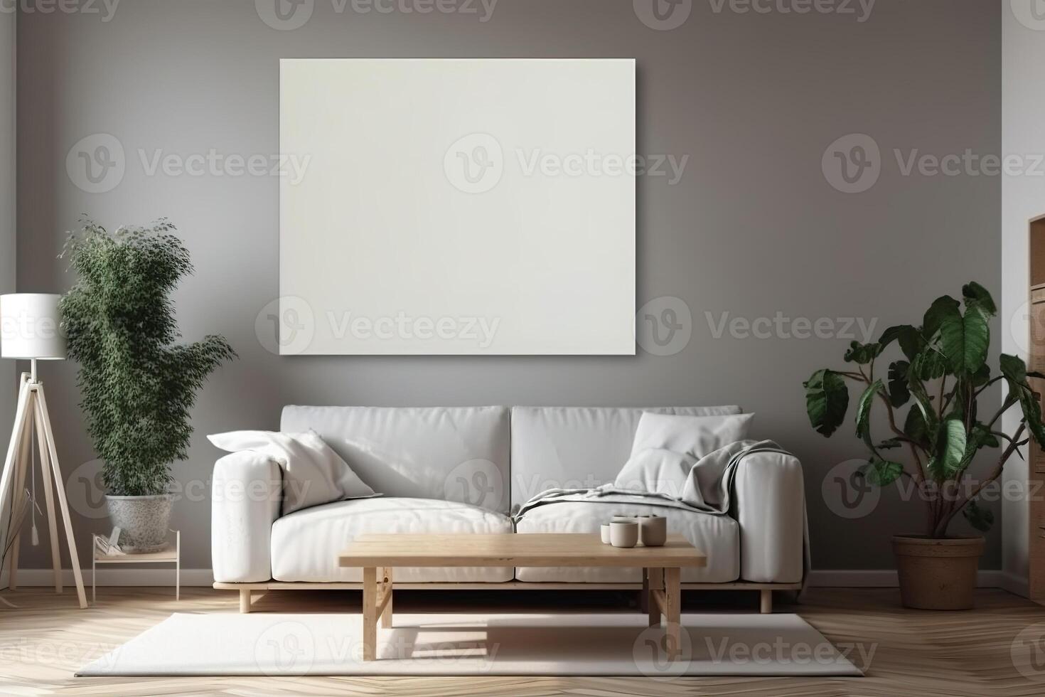 vuoto bianca tela dentro di un' vivente camera per un' parete arte modello illustrazione con generativo ai foto