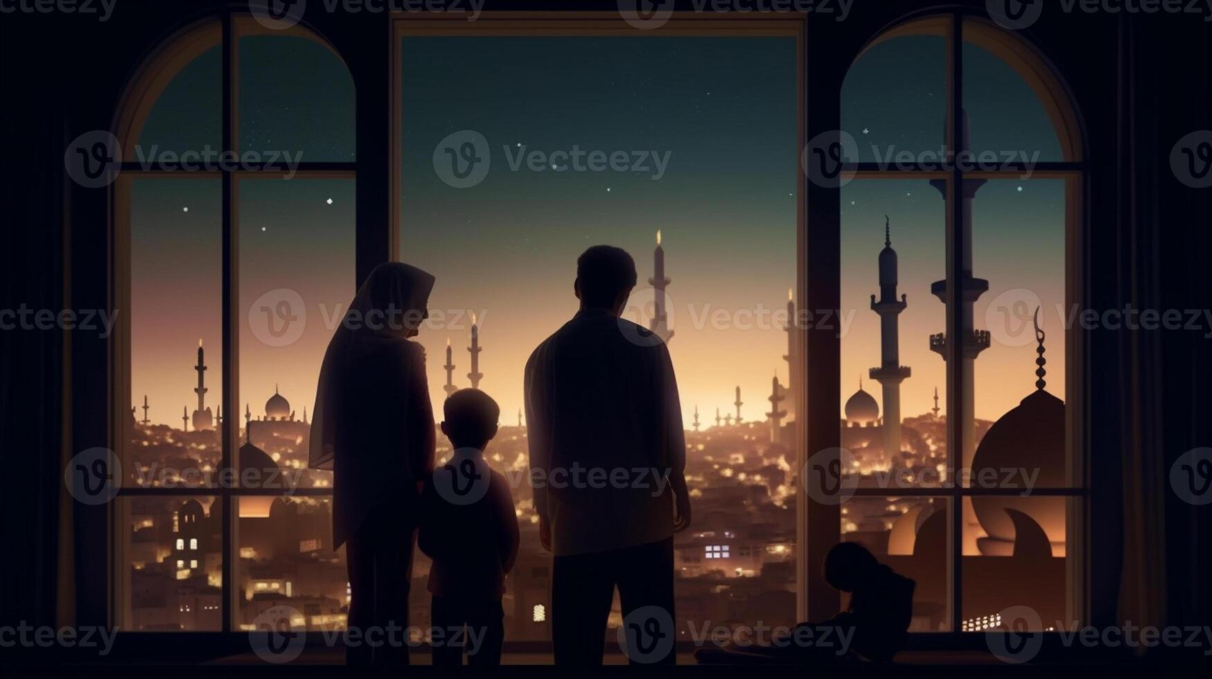 ai generativo musulmano famiglia guardare a moschea eid concetto foto