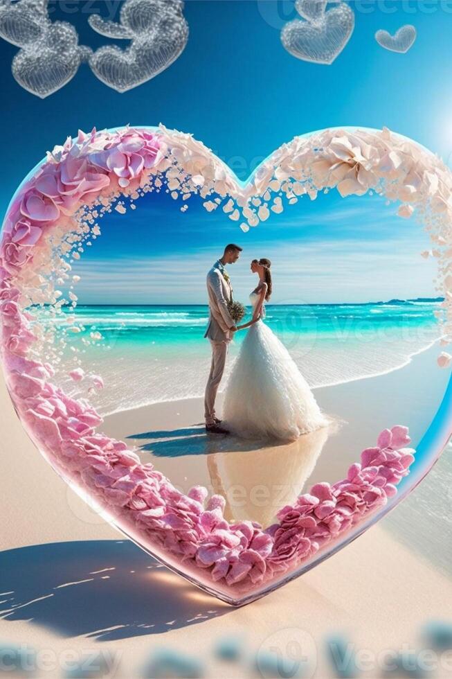 sposa e sposo in piedi nel il forma di un' cuore su il spiaggia. generativo ai. foto
