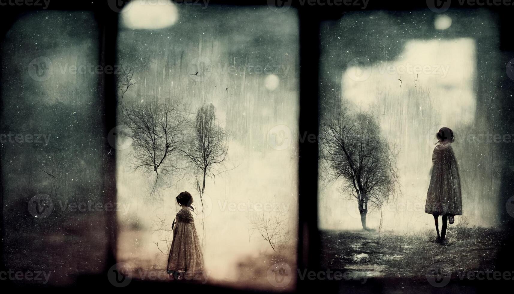 nero e bianca foto di un' donna in piedi nel il pioggia. generativo ai.