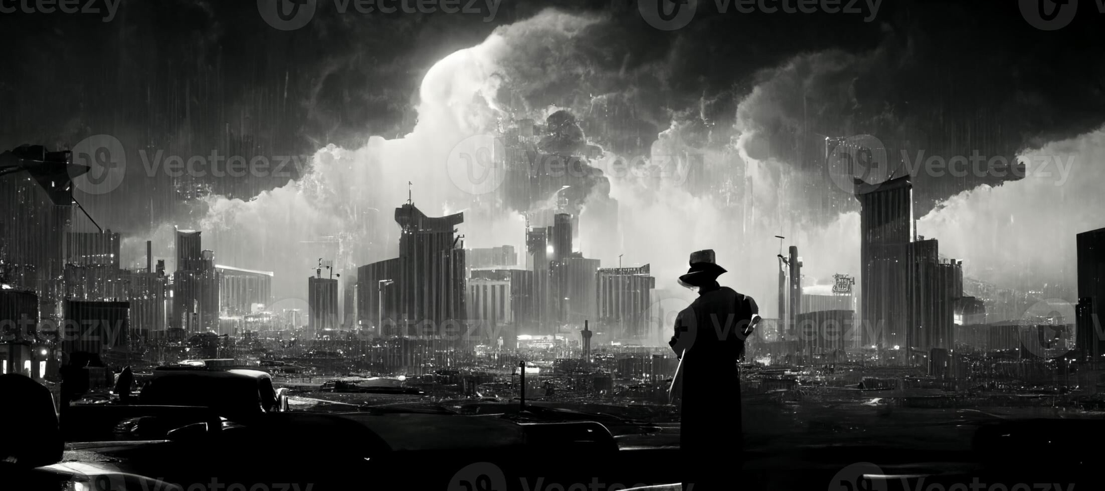 nero e bianca foto di un' uomo in piedi nel davanti di un' città. generativo ai.
