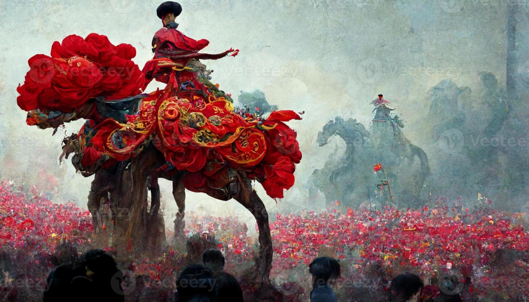 pittura di un' donna equitazione su il indietro di un' cavallo. generativo ai. foto